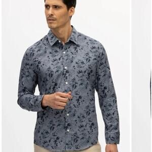 Julian & Mark Stretch Button Up Shirt Floral Large Dress Casual Long Sleeve Blue